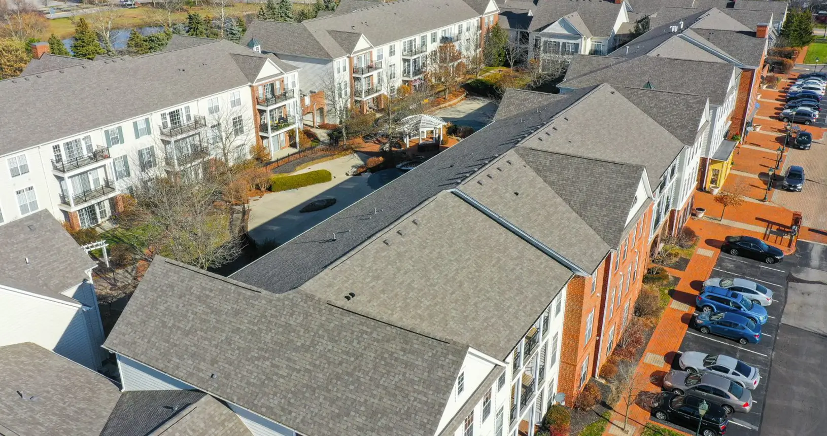 Close up of new shingle commercial roofing on the Times Square Apartments in Dublin, Ohio.