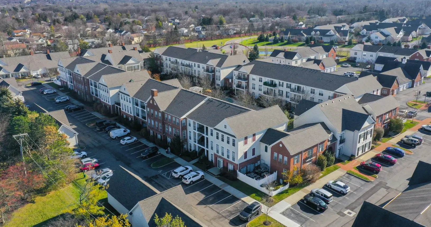 Times Square Apartments in Dublin with updated shingle commercial roofing.