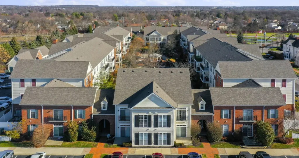 Updated shingle commercial roofing installation for the multi-family Times Square Apartments in Dublin.