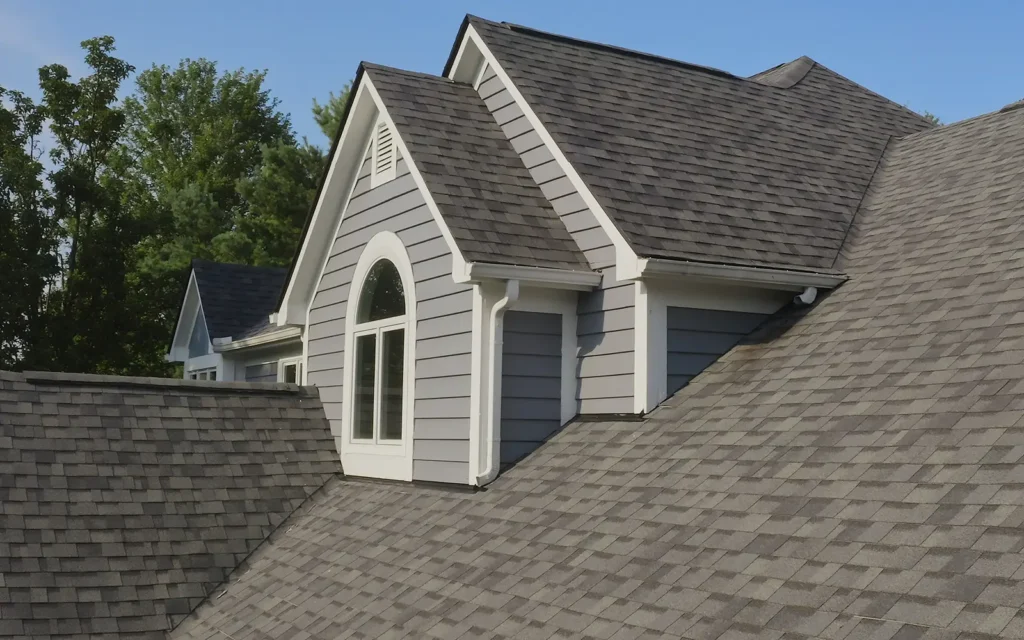 Side angle of a new roof installation in Dublin, Ohio by Able Roofing.