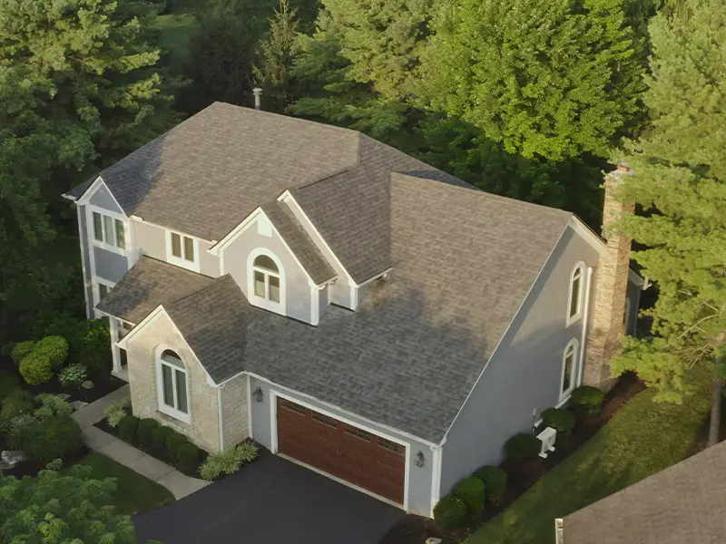 Aerial shot of a new roof installed by Able Roofing in Dublin Ohio including Owens Corning Duration shingles.